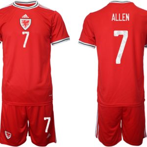 Wales Heimtrikots 2022 rot Trikotsatz Kurzarm + Kurze Hosen ALLEN #7