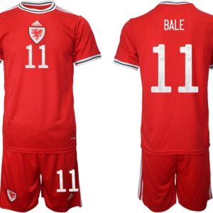 Wales Heimtrikots 2022 rot Trikotsatz Kurzarm + Kurze Hosen BALE #11