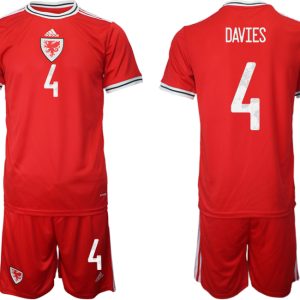 Wales Heimtrikots 2022 rot Trikotsatz Kurzarm + Kurze Hosen DAVIES #4