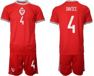 Wales Heimtrikots 2022 rot Trikotsatz Kurzarm + Kurze Hosen DAVIES #4