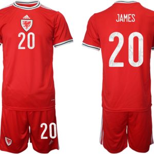 Wales Heimtrikots 2022 rot Trikotsatz Kurzarm + Kurze Hosen JAMES #20