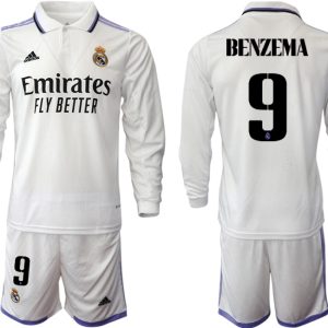 BENZEMA 9 Real Madrid Trikots 2022-23 Heimtrikot Weiß Langarm + Kurze Hosen