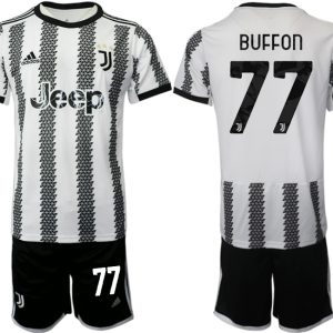 Fussballtrikots Günstig Juventus 2022-23 Heimtrikot Schwarz Weiß Kurzarm + Kurze Hosen BUFFON 77