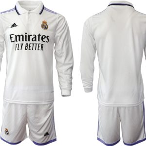 Herren Günstige Real Madrid Trikots 2022-23 Heimtrikot Weiß Langarm + Kurze Hosen