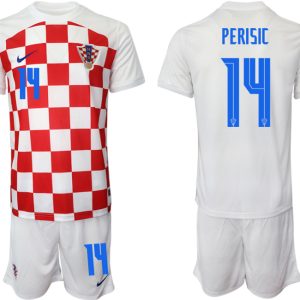 Herren Kroatien Heimtrikot WM-2022 weiß Rot Kaufen Kurzarm + Kurze Hosen PERISIC #14