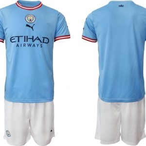 Herren Manchester City Heimtrikot 2022/2023 blau Kurzarm + weiß Kurze Hosen