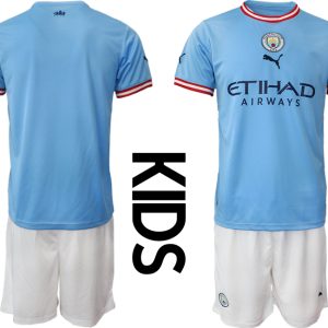 Kinder Manchester City FC 2022/23 Heimtrikots blau Kurzarm + weiß Kurze Hosen