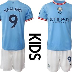 Kinder Manchester City FC 2022/23 Heimtrikots blau Kurzarm + weiß Kurze Hosen HAALAND 9