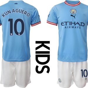 Kinder Manchester City FC 2022/23 Heimtrikots blau Kurzarm + weiß Kurze Hosen KUN AGÜERO 10