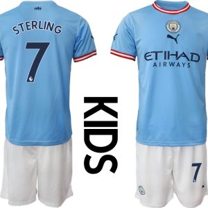 Kinder Manchester City FC 2022/23 Heimtrikots blau Kurzarm + weiß Kurze Hosen STERLING 7