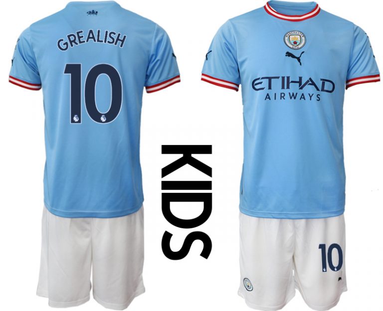 Kinder Manchester City FC 2022/23 Heimtrikots blau weiß Trikotsatz mit Aufdruck GREALISH 10