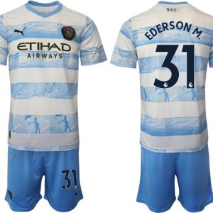 Manchester City Aufwärmtrikot 2022/2023 weiß blau Kurzarm + Kurze Hosen EDERSON M.31