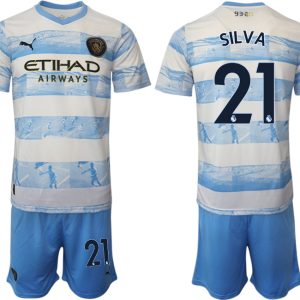 Manchester City Aufwärmtrikot 2022/2023 weiß blau Kurzarm + Kurze Hosen SILVA 21