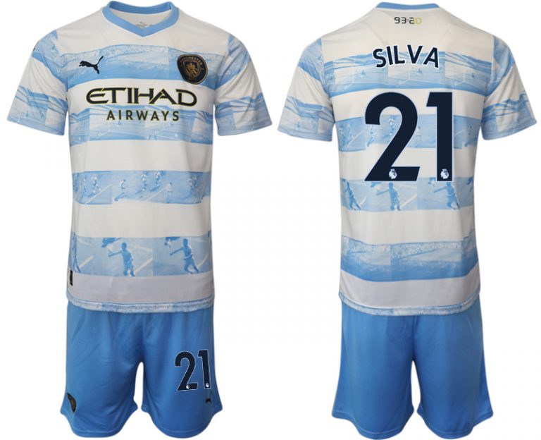 Manchester City Aufwärmtrikot 2022/2023 weiß blau Kurzarm + Kurze Hosen SILVA 21