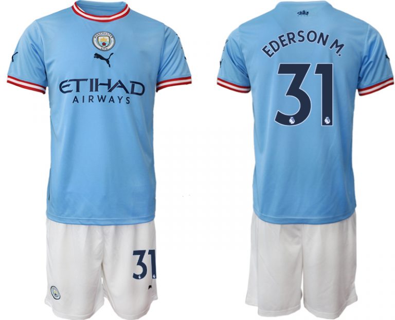 Manchester City Heimtrikot 2022/2023 blau weiß Trikotsatz mit Aufdruck EDERSON M. 31