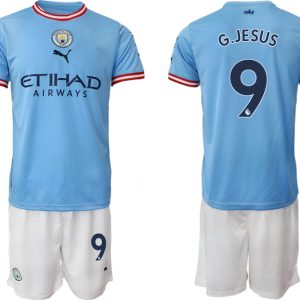 Manchester City Heimtrikot 2022/2023 blau weiß Trikotsatz mit Aufdruck G.JESUS 9