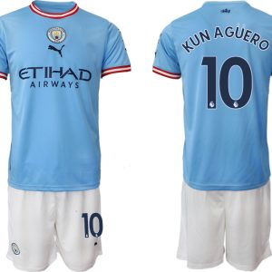 Manchester City Heimtrikot 2022/2023 blau weiß Trikotsatz mit Aufdruck KUN AGÜERO 10