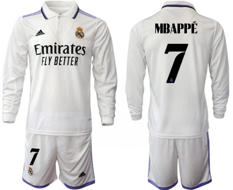 MBAPPÉ 7 Real Madrid Trikots 2022-23 Heimtrikot Weiß Langarm + Kurze Hosen