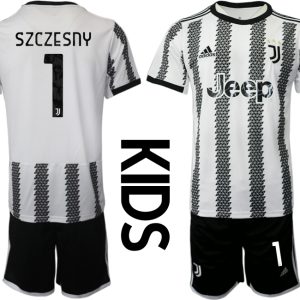 Neues Kinderheim Juventus FC 2022-23 Trikot Schwarz Weiß Trikotsatz mit Aufdruck SZCZESNY 1