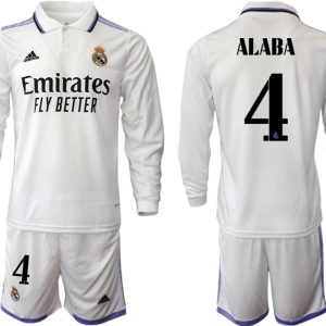 Real Madrid Trikots 2022-23 Heimtrikot Weiß Langarm + Kurze Hosen mit Aufdruck ALABA 4