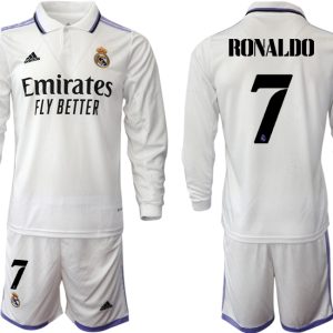 RONALDO #7 Real Madrid Trikots 2022-23 Heimtrikot Weiß Langarm + Kurze Hosen