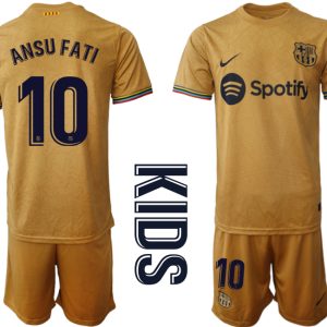 ANSU FATI 10 Kinder FC Barcelona 22-23 Auswärtstrikot Goldene Grundfarbe Trikotsatz