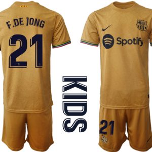 F.DE JONG 21 Kinder FC Barcelona 22-23 Auswärtstrikot Goldene Grundfarbe Günstige Fußball Trikotsatz