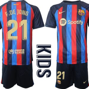 FC Barcelona Kinderheim Trikot 2022/23 Navy Blau Fußballtrikots Set mit Aufdruck F.DE JONG 21