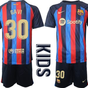 FC Barcelona Kinderheim Trikot 2022/23 Navy Blau Fußballtrikots Set mit Aufdruck GAVI 30