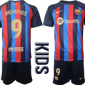 FC Barcelona Kinderheim Trikot 2022/23 Navy Blau Fußballtrikots Set mit Aufdruck MEMPHIS 9