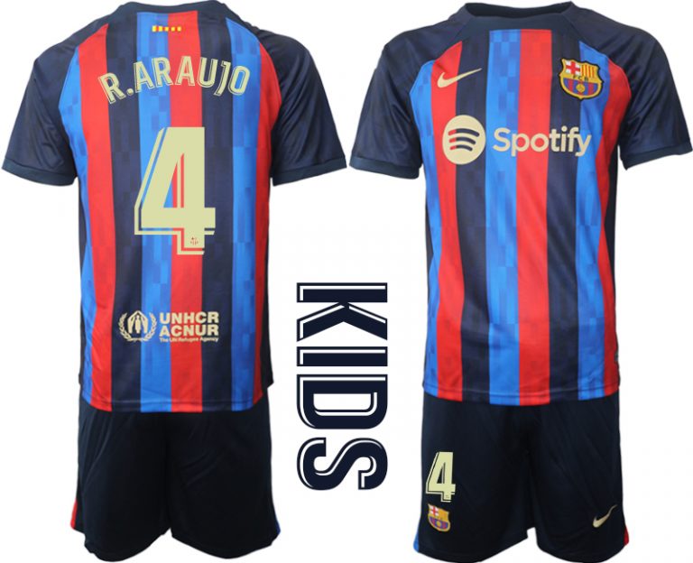 FC Barcelona Kinderheim Trikot 2022/23 Navy Blau Fußballtrikots Set mit Aufdruck R.ARAUJO 4