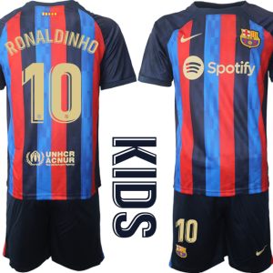 FC Barcelona Kinderheim Trikot 2022/23 Navy Blau Kurzarm + Kurze Hosen RONALDINHO 10