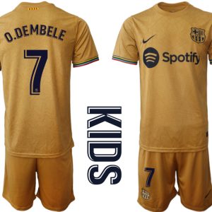 Kinder FC Barcelona 22-23 Auswärtstrikot Goldene Grundfarbe Kurzarm + Kurze Hosen O.DEMBELE 7