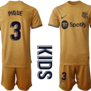 Kinder FC Barcelona 22-23 Auswärtstrikot Goldene Grundfarbe Kurzarm + Kurze Hosen PIQUE 3