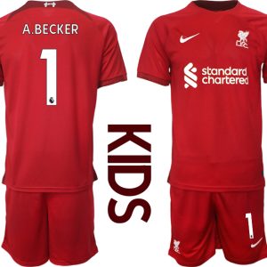 Kinder Fußballtrikots Liverpool Heimtrikot 2022/23 Rot Kurzarm + Kurze Hosen A.BECKER 1