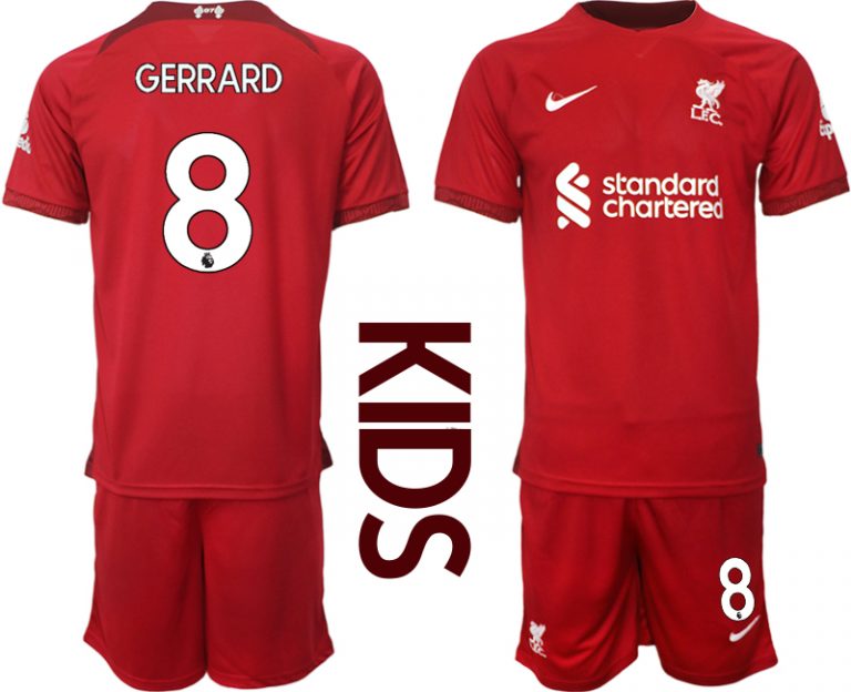 Kinder Fußballtrikots Liverpool Heimtrikot 2022/23 Rot Kurzarm + Kurze Hosen GERRARD 8