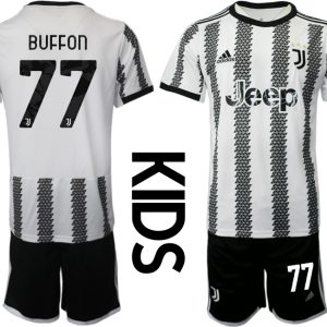 Kinder Juventus FC 2022-23 Heimtrikot Schwarz Weiß Kurzarm + Kurze Hosen BUFFON 77