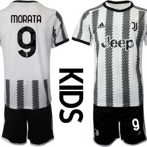 Kinder Juventus FC 2022-23 Heimtrikot Schwarz Weiß Kurzarm + Kurze Hosen MORATA 9