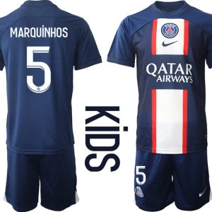 Kinder Paris Saint Germain PSG Heimtrikots 2022-2023 Blau Kurzarm + Kurze Hosen MARQUiNHOS 5