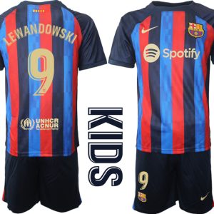 LEWANDOWSKI 9 FC Barcelona Kinderheim Trikot 2022/23 Trikotsatz Navy Blau FußballTrikots