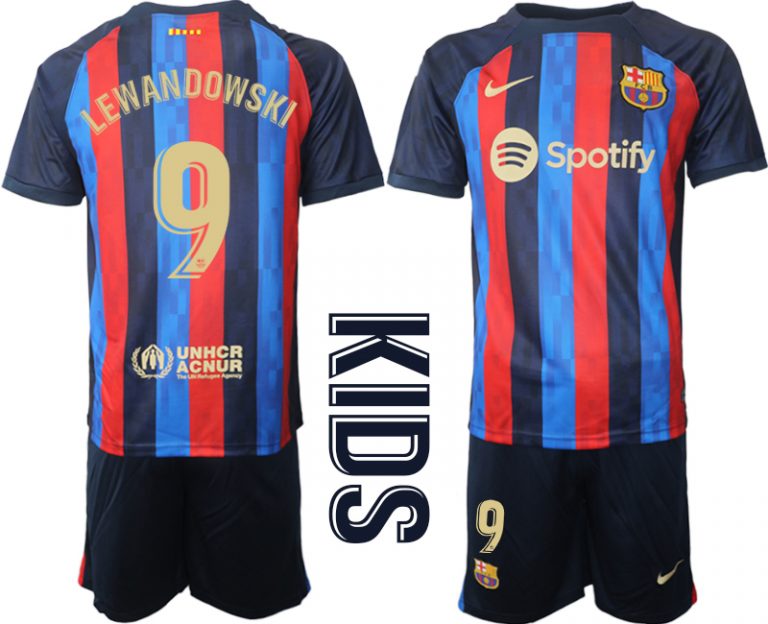 LEWANDOWSKI 9 FC Barcelona Kinderheim Trikot 2022/23 Trikotsatz Navy Blau FußballTrikots