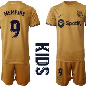 MEMPHIS 9 Kinder FC Barcelona 22-23 Auswärtstrikot Goldene Grundfarbe Trikotsatz