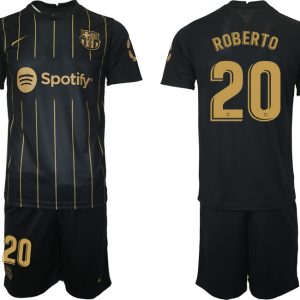 Billige Fussballtrikots FC Barcelona Trikots 2022/23 Schwarz Gold Trikotsatz mit Aufdruck ROBERTO 20