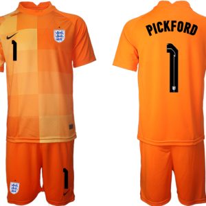 England Torwarttrikot World Cup 2022 Orange Trikotsatz Kurzarm + Kurze Hosen PICKFORD 1