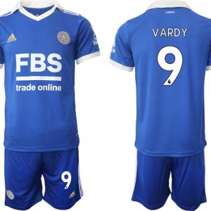 Fußballtrikot für Herren Leicester City 2022-23 Heimtrikot blau weiß Kurzarm + Kurze Hosen VARDY 9