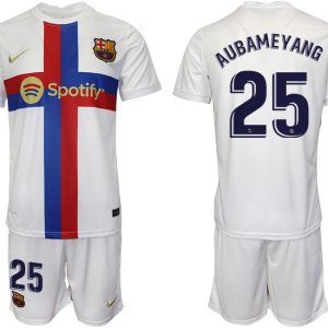 Günstige Neuen Fußballtrikot FC Barcelona 2022/23 Ausweichtrikot weiß mit Aufdruck AUBAMEYANG 25