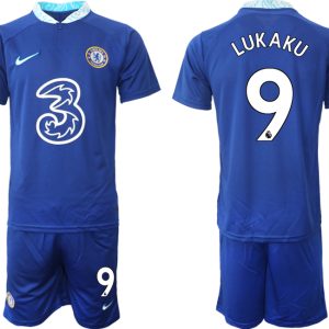 Herren Chelsea FC 22-23 Heimtrikot Deutschland blau Kurzarm + Kurze Hosen LUKAKU 9