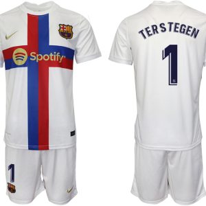 Herren FC Barcelona 2022/23 Ausweichtrikot weiß Trikotsatz Kurzarm + Kurze Hosen TERS TEGEN 1