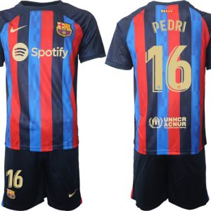 Herren FC Barcelona 22/23 Heimtrikot dunkelblau Kurzarm + Kurze Hosen PEDRI 16