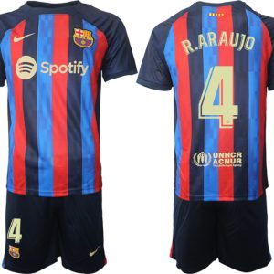 Herren FC Barcelona 22/23 Heimtrikot dunkelblau Kurzarm + Kurze Hosen R.ARAUJO 4